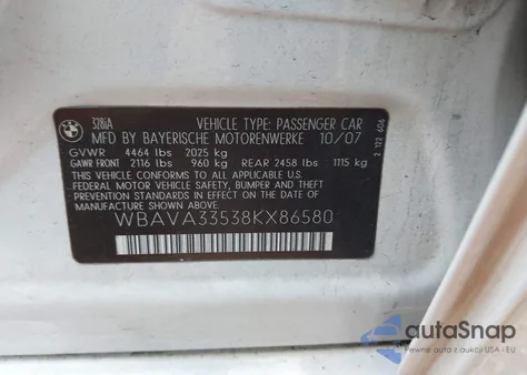 2008 BMW 328I из США, поврежденный, VIN WBAVA33538KX86580